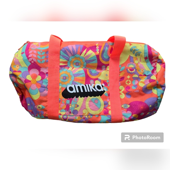 amika Handbags - Amika Signature Print Gym/Duffel Bag, Orange Handles, Cylinder Form, 20x10"